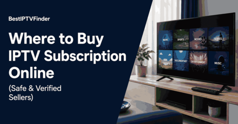 Smart TV and remote beside the title Where to Buy IPTV Subscription Online (Safe & Verified Sellers)